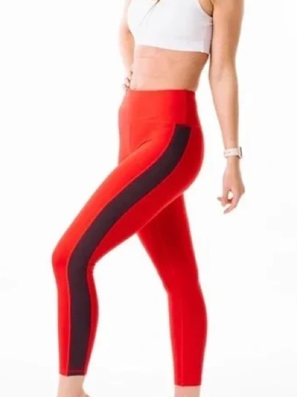 High-Waist Red Leggings with Black Side Panels
